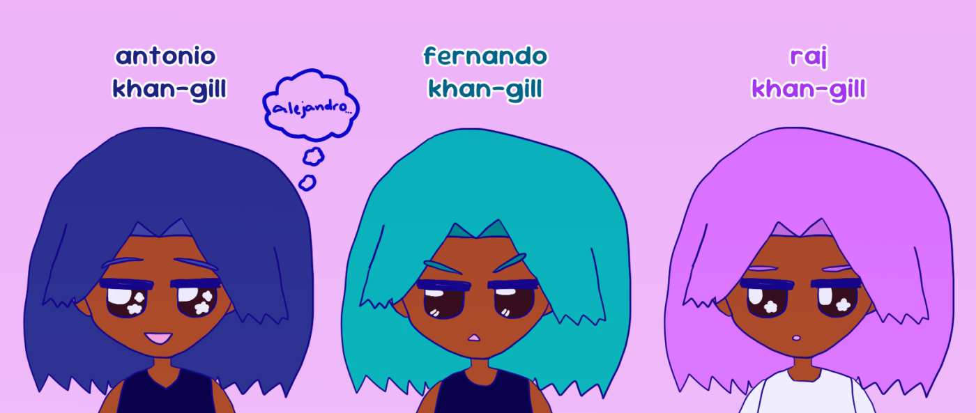 antonio khan-gill is flowery and a bit cheerful, thinking about alejandro. he has dark blue hair. fernando khan-gill is withdrawn and a bit broody-looking. he has teal hair. raj khan-gill looks a bit spacey. he has lavender hair. this is an anime-styled decision. they all have brown skin and while antonio and fernando are wearing a black tanktop, raj is wearing a white shirt. they all have shoulder-length hair and dark brown eyes.